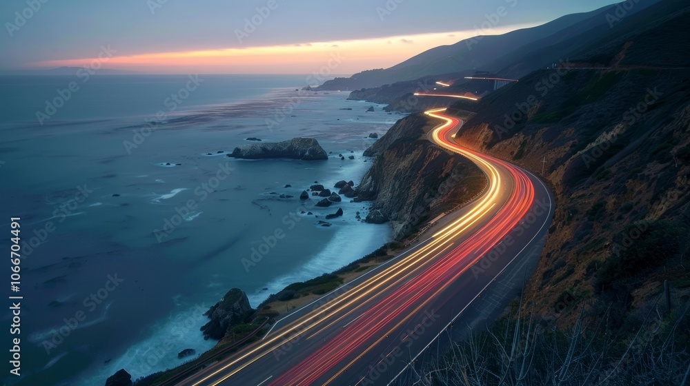 Poster nestled between the towering cliffs and the vast expanse of the ocean the road is illuminated by a w