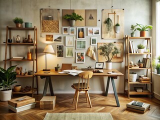 Fototapeta premium Retro-Inspired Creative Studio with Vintage Design Sketches, Mood Boards, and Minimalist Aesthetic for Modern Designers and Artists in a Cozy Workspace Setting