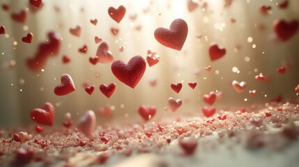 Obraz premium A Stunning Array of Red and Pink Paper Hearts Cascading Down on a Light Background for Creative and Elegant Designs