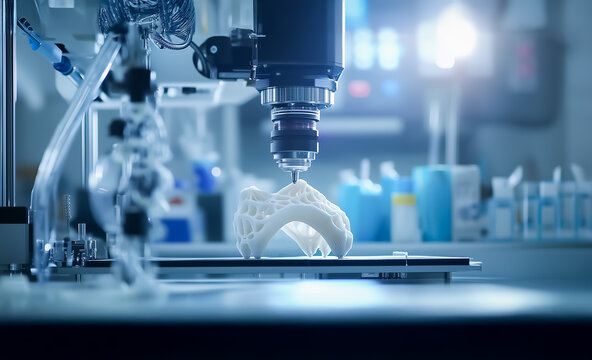 Close-up of a 3D printer crafting a complex medical model in a laboratory, focusing on precision and innovation in healthcare technology.