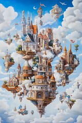 Obraz premium Whimsical cityscape filled with floating islands, vibrant street art, and magical creatures, surreal colors and playful architecture