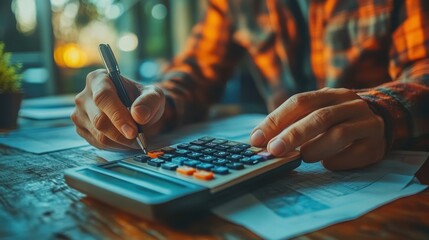 Fototapeta premium Architect Evaluating and Calculating Construction Costs in an Office Environment Using Advanced Tools and Technology