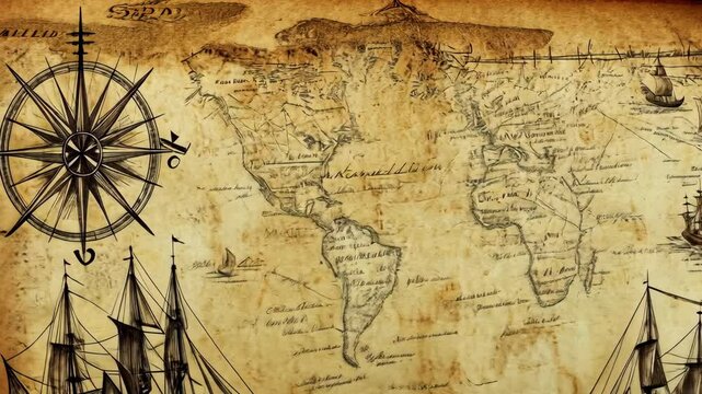An old, hand-drawn map of the world with a compass and a sailing ship in the foreground