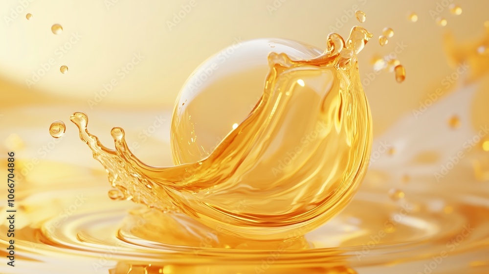 Poster a golden droplet splashes in a pool of liquid, creating an elegant arc of water droplets in a tranqu