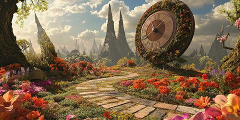 Fototapeta premium A whimsical landscape featuring a giant sundial surrounded by flowers, with time passing as shadows shift