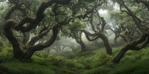 An ancient forest with twisted trees and magical creatures, where every moment feels enchanted and timeless