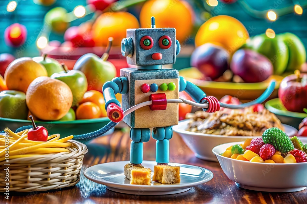 Poster robot toy holding computer internet wires in hand - unique food photography concept with modern tech
