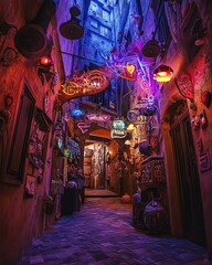 Obraz premium Wide-angle view, mythical creatures exploring forgotten urban alleys, drenched in surreal neon lights, enchanting atmosphere