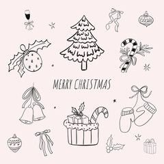 Naklejka premium Whimsical Hand-Drawn christmas doodle line art vector illustrations for wall art decor or new year party invitations. Perfect for labels, posters, cards, tags, social media posts, sale banner