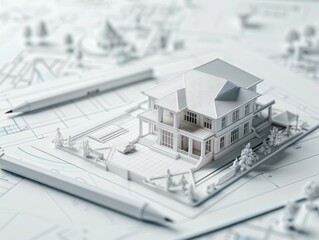 A detailed model of a house is prominently sitting on top of a blueprint