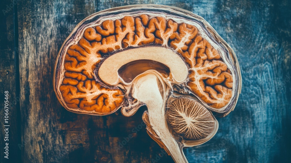 Poster brain structure and fungus on wooden surface