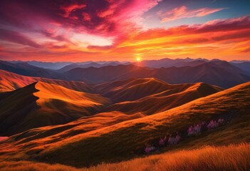 Naklejka premium stunning vibrant sunset illuminating serene mountain range vivid colors tranquil landscape featuring lush hills expansive sky, view, horizon, nature, scenery