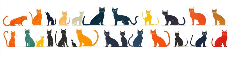 Fototapeta premium Cat Breeds Icons Set, modern cartoon illustration with various cats including the siamese, persian, maine coon, abyssinian, ragdoll, Bengal, sphynx, russian blue, munchkin, domestic shorthair, and