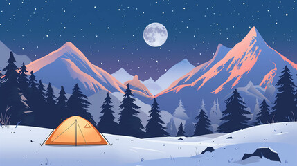 A single tent under a full moon in a snowy mountain valley
