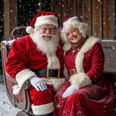A man and woman dressed as Santa Claus sitting on a sleigh in the snow