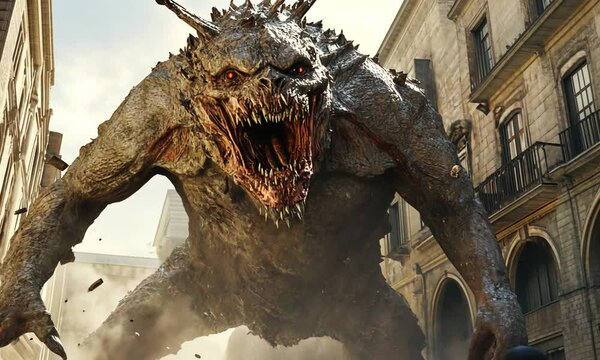 A massive, monstrous creature rampaging through a cityscape, showcasing chaos and destruction.