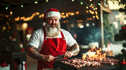 A man in a santa hat grilling sausages on a grill