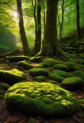 enchanting view moss covered stones lush forest landscape surrounded rich greenery natural elements, bark, blooming, branches, earthy, ecosystem, fern