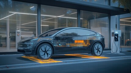 Engineers developing vehicle-to-grid solutions to balance energy supply and demand using EVs. Illustrations