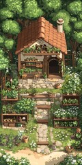 Fototapeta premium A dreamy realm blending magical landscapes with eco-friendly gardening, lush greenery, enchanting tools