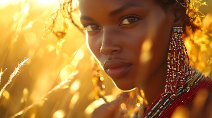 Portrait of a woman in traditional Maasai clothing, highlighted by warm sunlight, her face full of strength and adorned with detailed beaded jewelry. Background softly blurred,