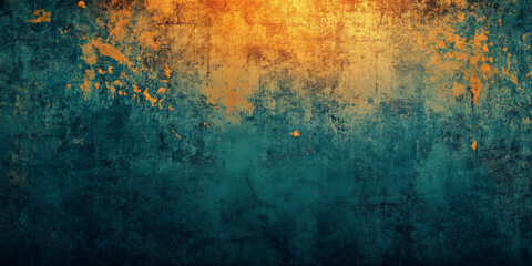 Abstract grunge art with dark teal base layered with warm orange lighting, giving a vintage, textured feel with faded edges and rough patterns