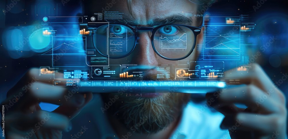 Poster close-up of a marketing professional analyzing competitor strategies using a digital device.
