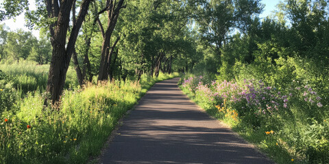 Obraz premium A scenic outdoor running trail lined with trees and flowers, encouraging a healthy lifestyle and fitness journey