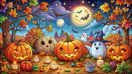 Scary Halloween Coloring Page with Pumpkins, Ghosts, Bats, and Witches for Kids and Adults - Fun Halloween Activities to Enjoy This Season