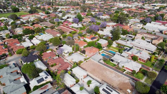 Aerial view of a suburban neighborhood in Australia. Houses with red tile roofs, green and pruple trees are scattered throughout the neighborhood.