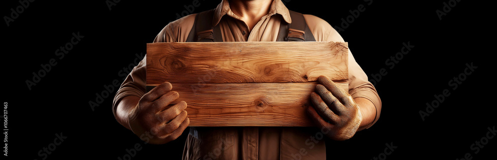 Poster extreme closeup of a manual worker with protective work gloves holding an empty wooden sign, isolate