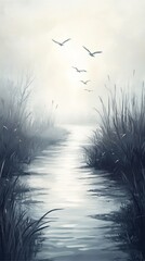 Birds soar above ripple across a foggy marshland, with hints of light breaking through the mist, highlighting the textures of the water and creating a mysterious, atmospheric scene.
