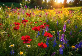 Naklejka premium breathtaking vibrant landscape featuring colorful wildflowers lush foliage under clear blue sky natural beauty, grass, field, vibrance, nature, scenery
