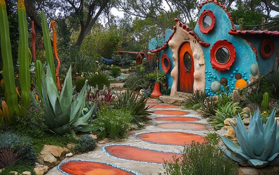 A whimsical garden where fantasy meets sustainability, vibrant colors, surreal landscapes, imaginative plants