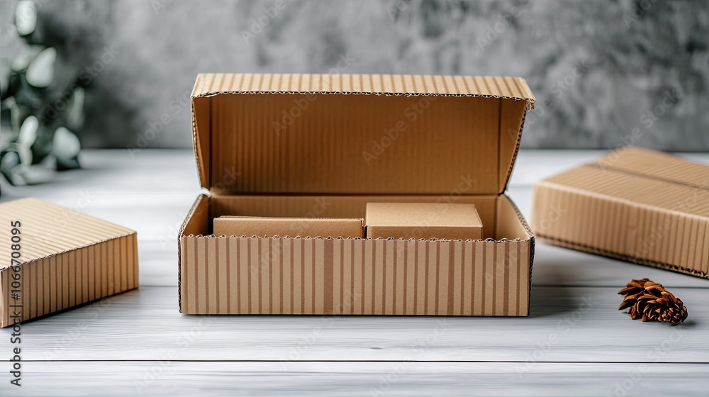 Poster a close-up of three cardboard boxes on a white wooden table. the box in the center is open and revea