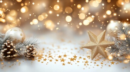 Christmas Background With Golden Baubles, Star, Pine Cones And Twigs Over Glowing Defocused Lights