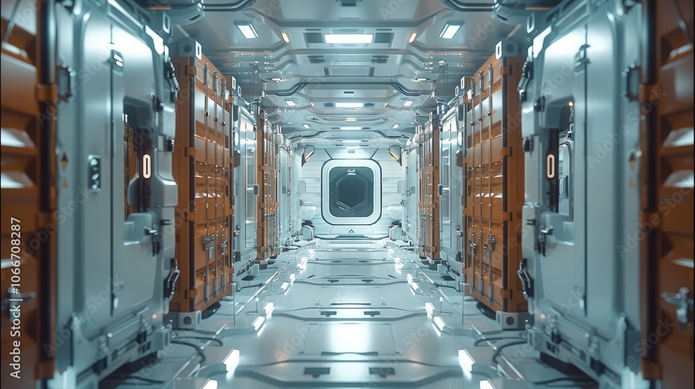 Aufkleber A container floating through a space station.