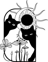 Two black cats gazing curiously at colorful mushrooms beneath a stylized sun and crescent moon