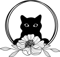 A whimsical black cat peeking through a floral wreath, symbolizing curiosity and nature's beauty in a minimalistic design
