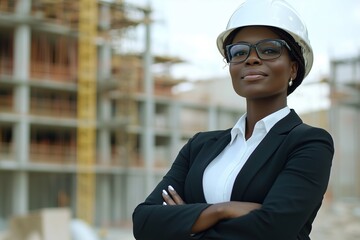 A Black female architect stands confidently with crossed arms, wearing a hard hat and glasses at a construction site, with a partially built structure in the background with copy space