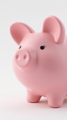 A pink piggy bank with eyelashes sits on a white background