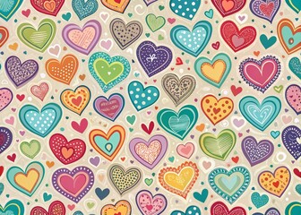 Seamless Pattern of Hand-Drawn Colorful Hearts for Romantic Decor and Craft Projects