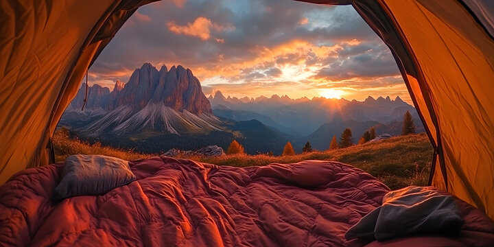 Very beautiful natural scenery looking out of the tent at sunrise/sunset with sleeping bag on the ground. Wallpaper, outdoor sports, outdoors, poster, background, camping, lifestyle