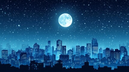 Panorama of the night city. Vector flat illustration of a night city. Night in the city.