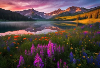 breathtaking sunrise over majestic mountain landscape vibrant colors atmospheric effects highlighting natural beauty, sky, clouds, peaks, sunlight