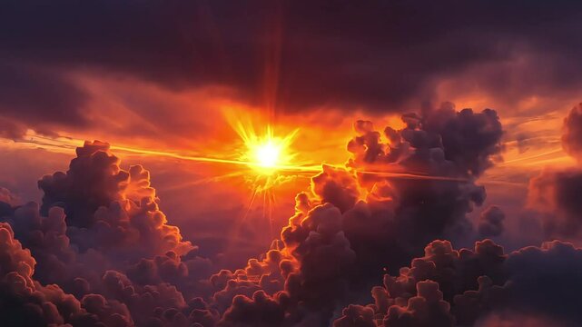 A breathtaking sunset scene with vibrant orange and red rays piercing through dramatic clouds, creating a stunning visual display of nature's beauty.