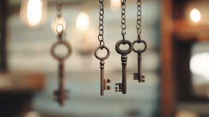 Vintage keys dangle from chains in a rustic environment, capturing the essence of history and charm in every detail