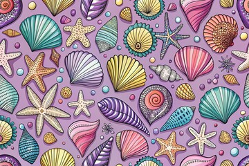 Seashells Doodle Pattern in Lilac - Summer Beach Aesthetic, Vector Illustration for Coastal Decor, Nautical Themes, and Beach-Themed Designs