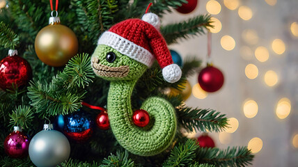 A Christmas card. The knitted symbol of the year 2025 is a green snake on the branches of a Christmas tree. Knitting, crafts, handmade jewelry.