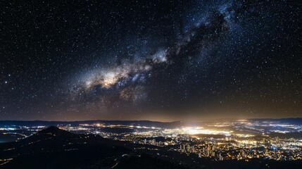 A breathtaking view of the Milky Way galaxy shining above a city at night.